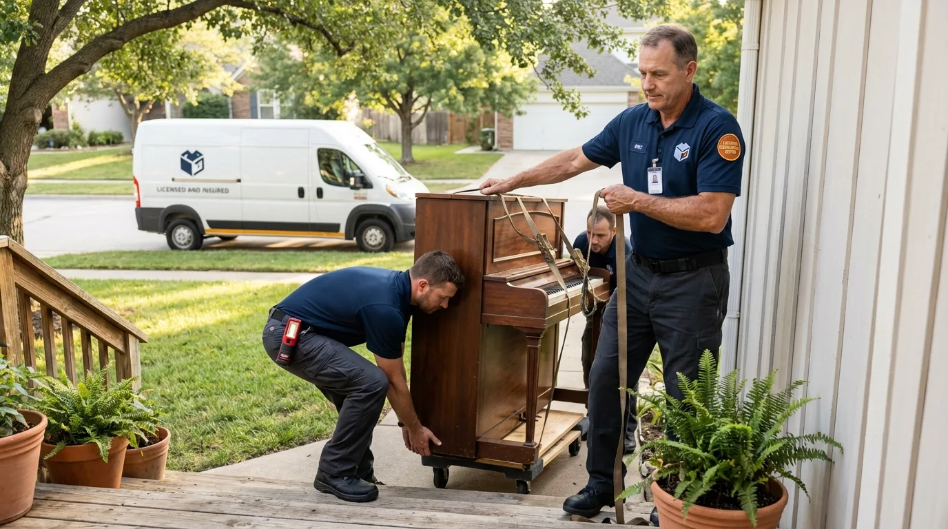 Licensed piano movers securing grand piano in Piermont, NY