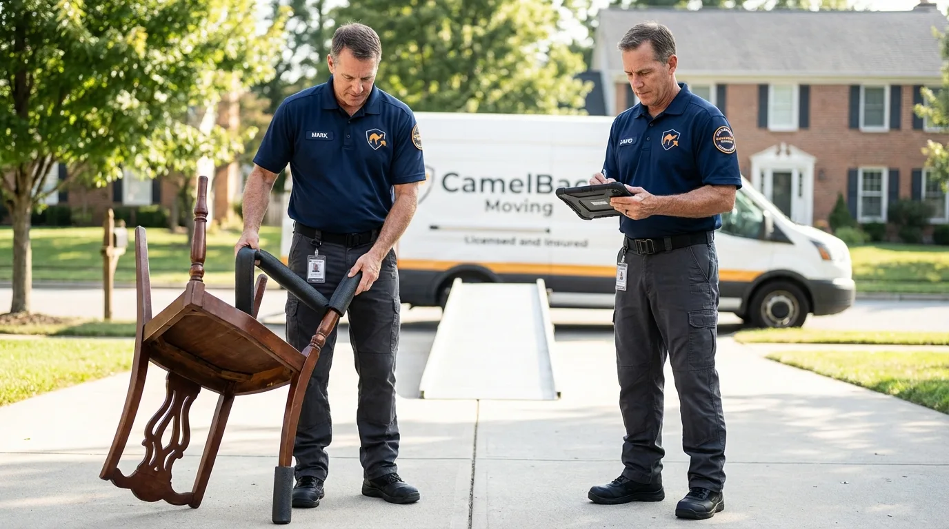 Movers inspecting furniture for damage prevention before loading in Piermont, NY