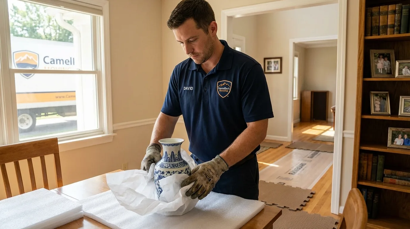 Professional crew carefully wrapping antique vase for senior downsizing move in Piermont, NY